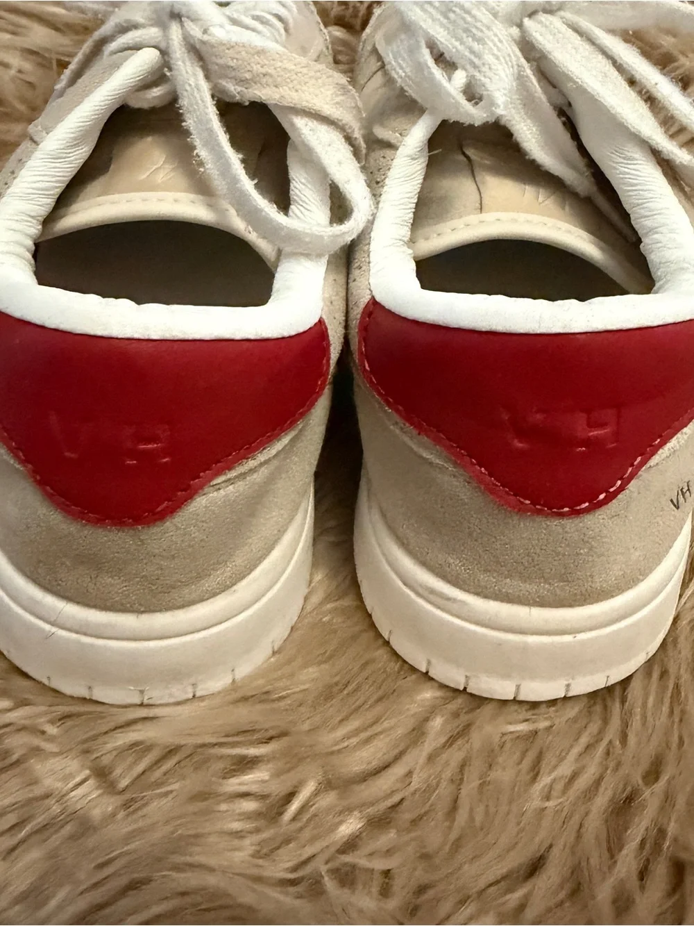 Vintage Havana Beige Suede Sneakers with Navy Star and Red Heel Tab, women’s 7.5